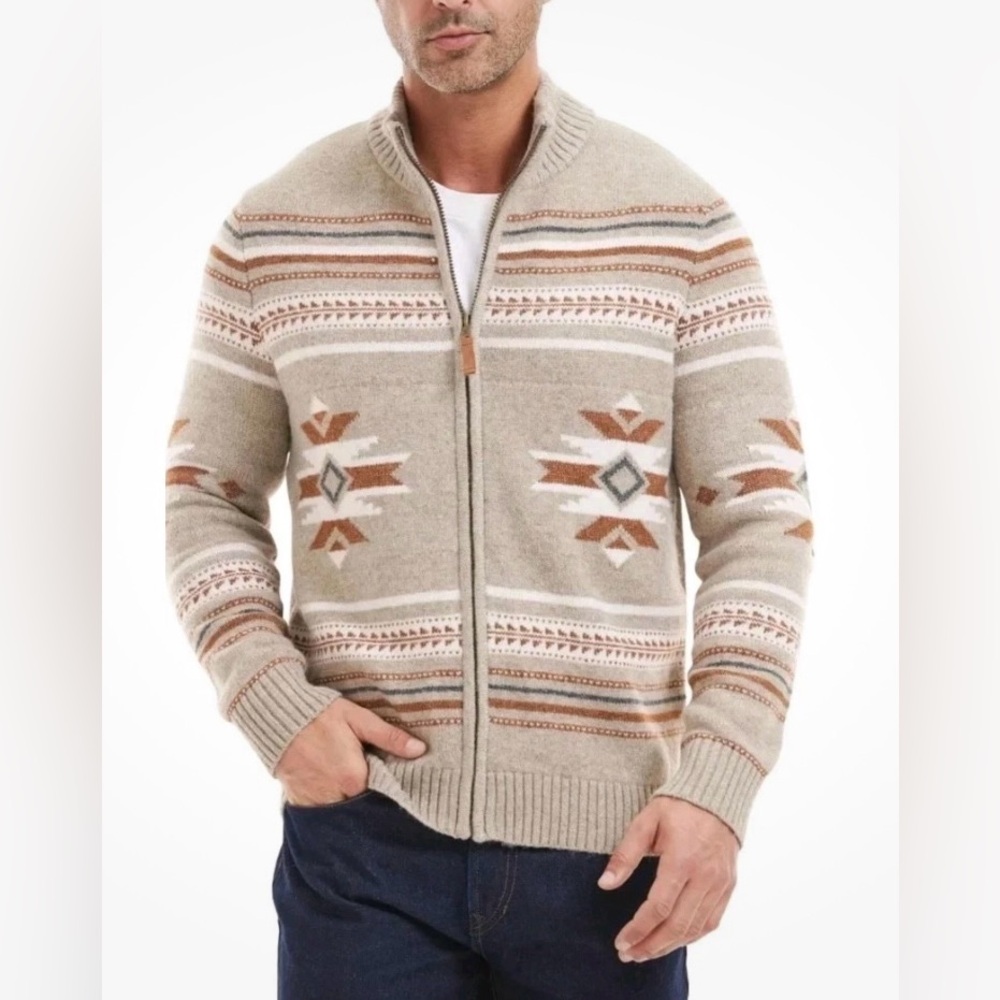 Frye Mens Cardigan Sweater Southwestern Print Zip Front Mock Neck Tan Large New